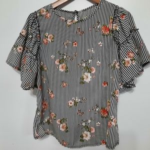 Oversized Sleeved Pinstripes & Floral Top